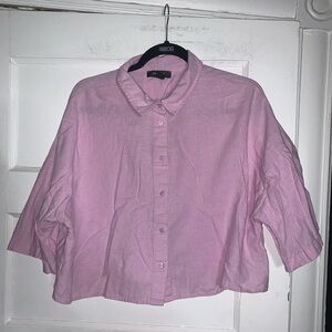 Primark light pink linen blend cropped button up top size 16‎